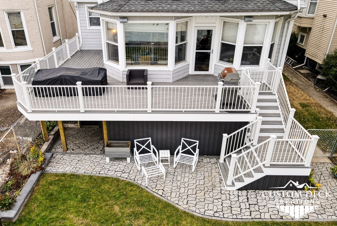 Arial view of a Trex deck with stone patio