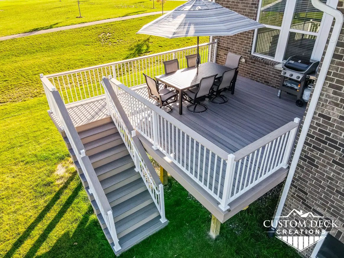 Arial view of a second story deck with stairs