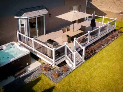 Drone shot of a Trex deck with a hot tub