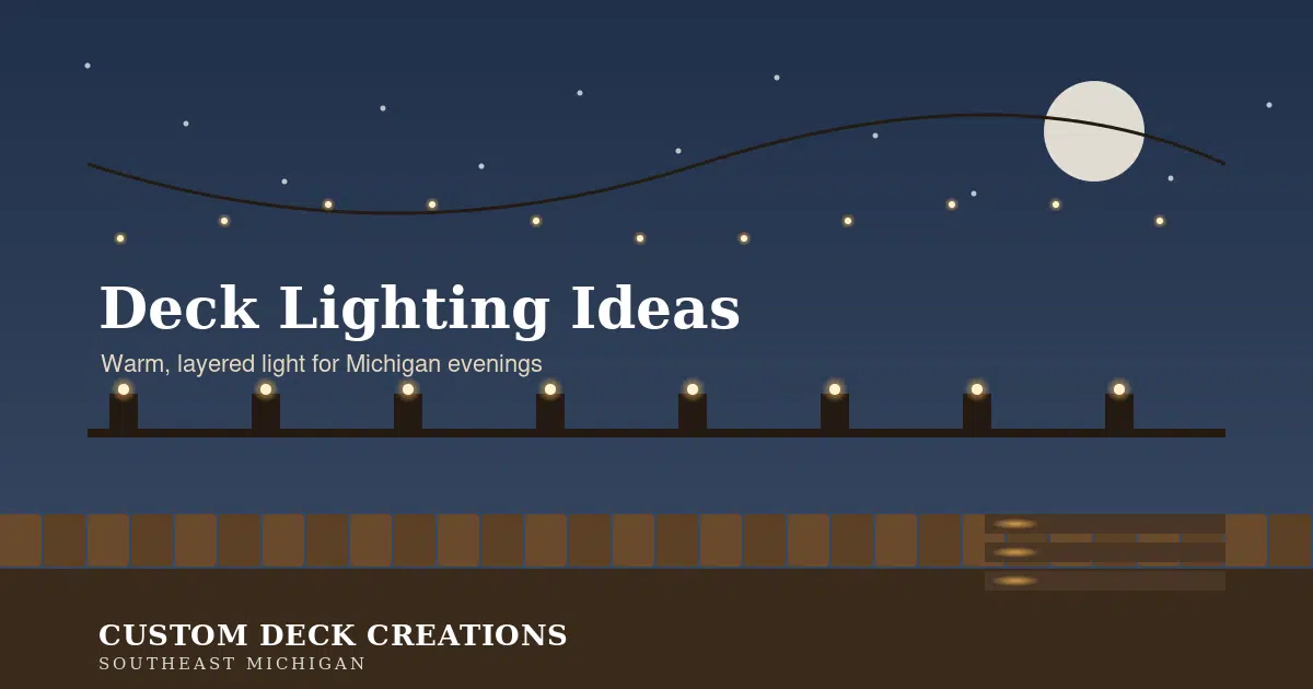 Evening deck illustration with post cap lights, stair lights, and string lights