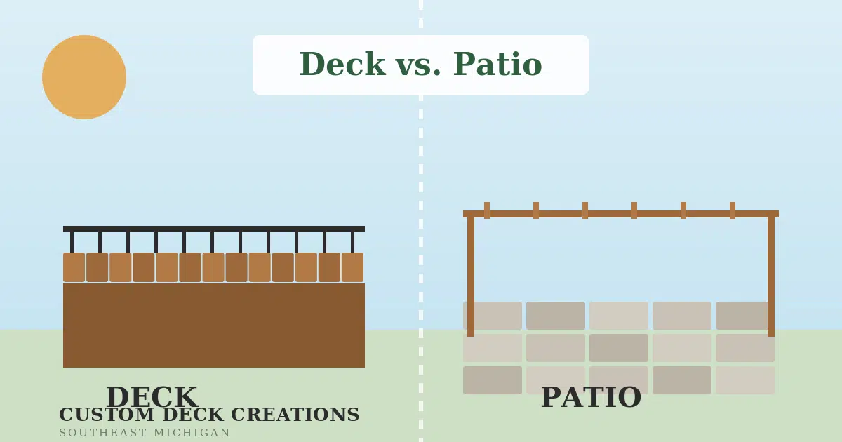 Illustration comparing a raised deck and a ground-level patio