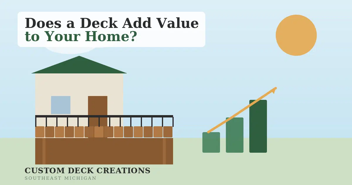 Illustration of a home with a raised composite deck and a rising value chart