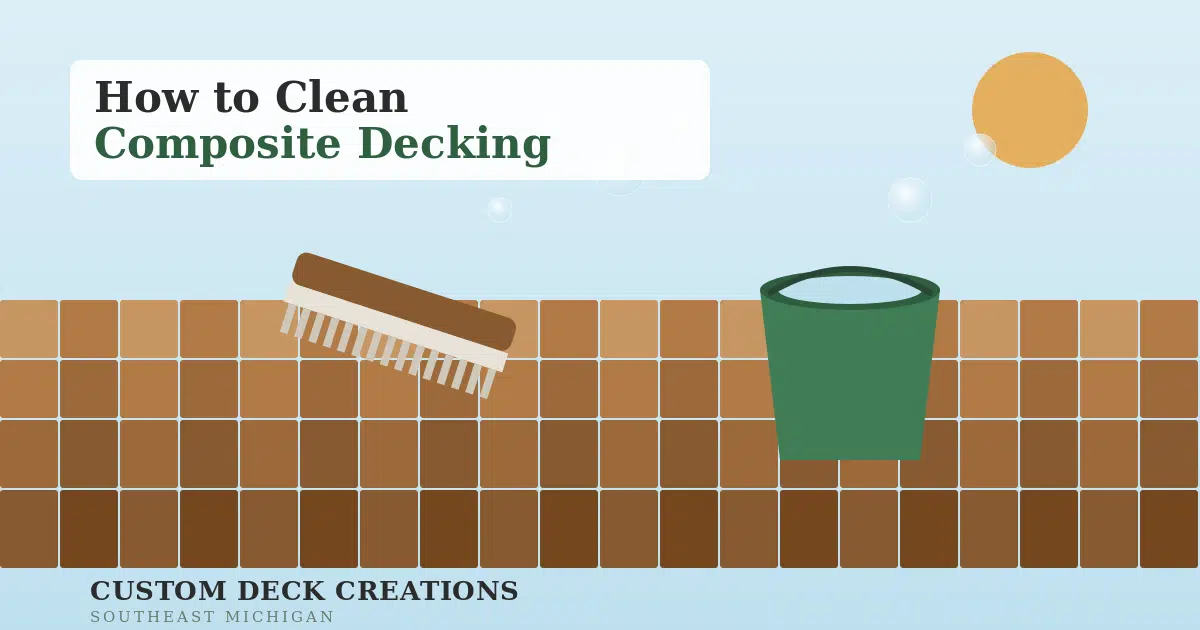 Illustration of cleaning a composite deck with a bucket, brush, and soap