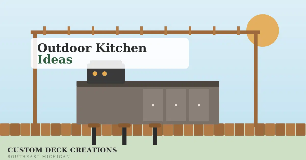 Illustration of an outdoor kitchen with grill, island, and pergola on a deck