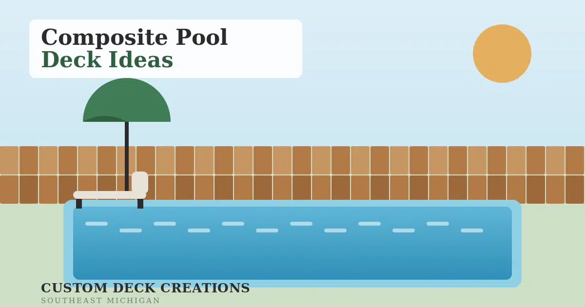Illustration of a composite deck surrounding a backyard pool with an umbrella