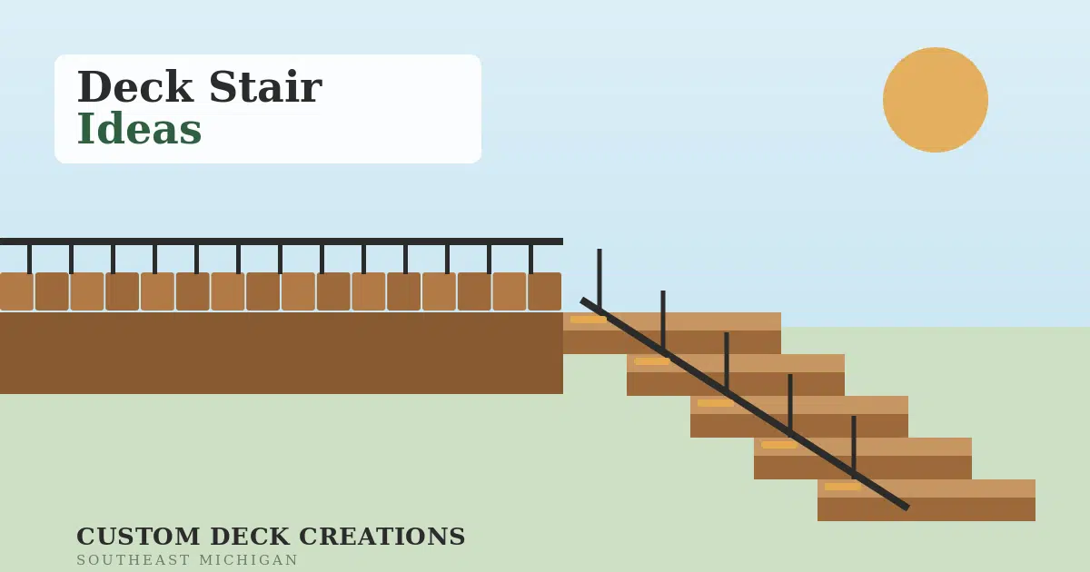 Illustration of wide deck stairs with a railing and recessed step lights