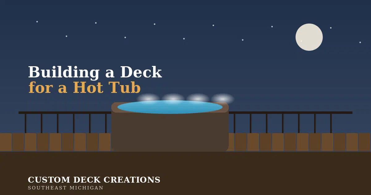 Illustration of a deck with a hot tub and steam under an evening sky